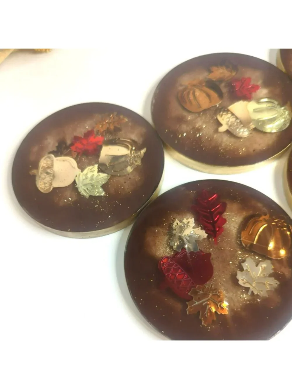 Handmade Resin Round Coaster Set With Holder Fall Autumn Themed Leaves Pumpkin